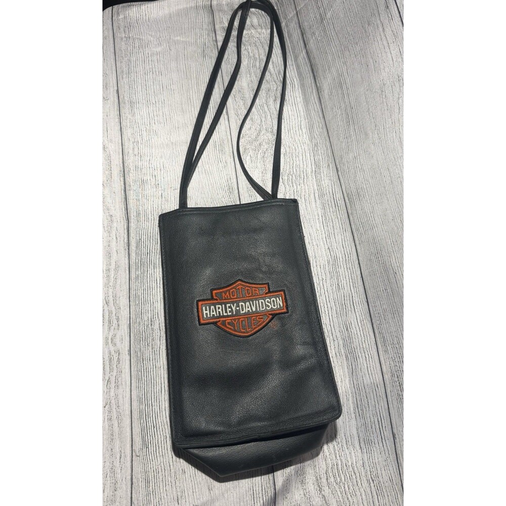 Vtg Harley Davidson Black Leather Rectangle Bag Purse Tote With Embroidery Color